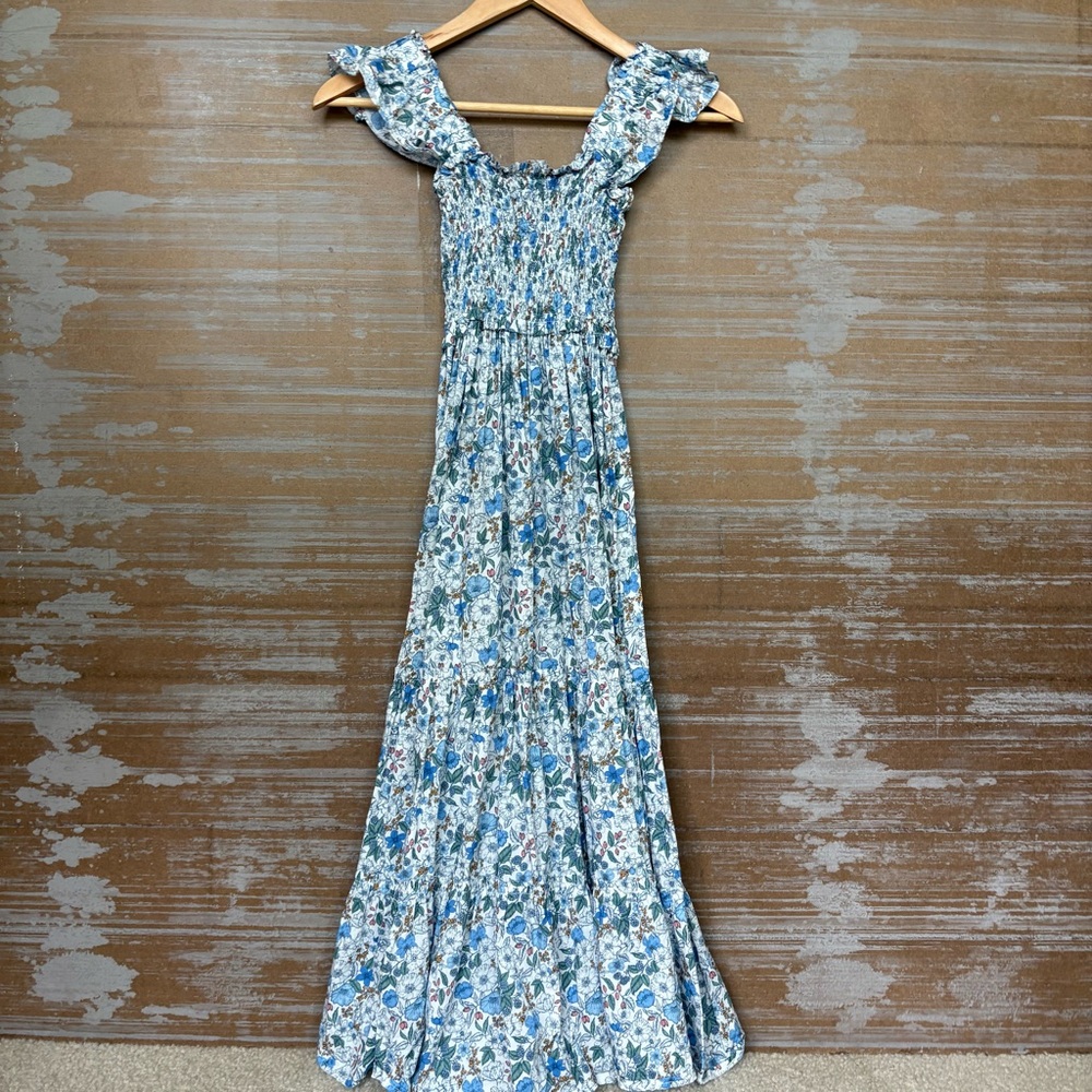 Pukatuka Smocked Midi Dress Blue Floral Preppy Boho Beachy Womens XS